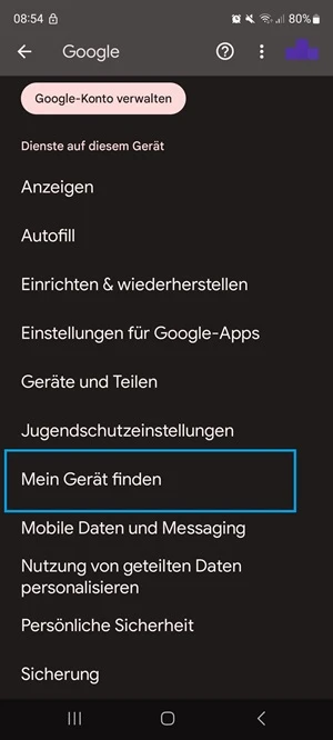 Screenshot von Google-Einstellungen auf dem Samsung mit blauer Markierung bei „Mein Gerät finden“