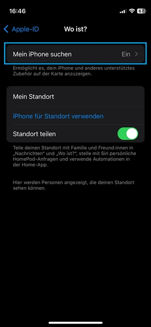 Screenshot von iPhone-Einstellungen im iPhone mit roter Markierung bei „Mein iPhone suchen“