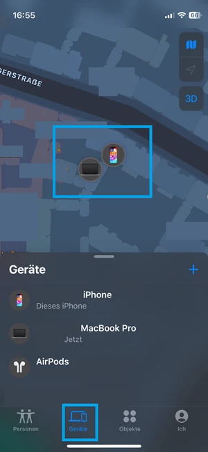 Screenshot von der App „Wo ist?“ mit blauer Markierung bei „Geräte“ und den Geräten auf einer Karte