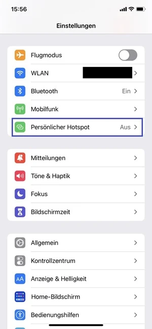 iPhone-Einstellungen mit blau markierter Option „Persönlicher Hotspot“