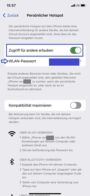 „Persönlicher Hotspot“-Einstellungen mit blauen Markierungen