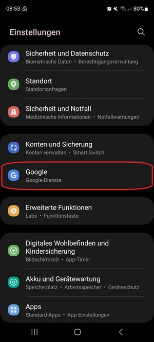 Screenshot von Einstellungen mit Markierung von „Google“