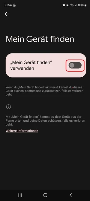 Screenshot von „Mein Gerät finden“ mit Markierung von „Mein Gerät finden verwenden“