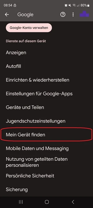 Screenshot von Google mit Markierung von „Mein Gerät finden“