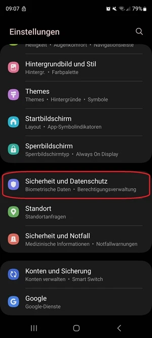 Screenshot von Samsung-Einstellungen mit Markierung von „Sicherheit und Datenschutz“