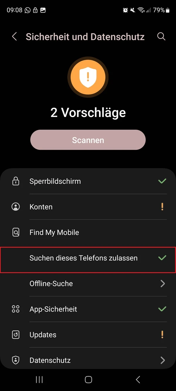 Screenshot von Samsung-Menü „Sicherheit und Datenschutz“ mit Markierung von „Find My Mobile“