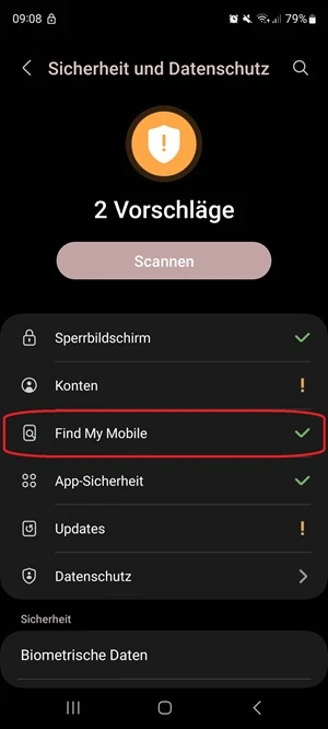 Screenshot von Samsung-Menü „Sicherheit und Datenschutz“ mit Markierung von „Find My Mobile“