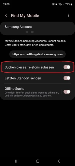 Screenshot von Samsung-Einstellung „Find My Mobile“ mit Markierung von „Suchen dieses Telefons zulassen“