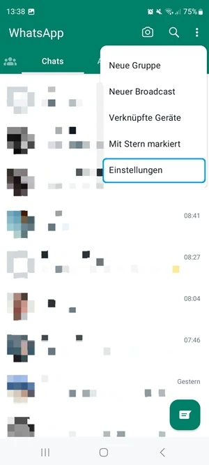 Screenshot von WhatsApp mit Menüoptionen und blauer Markierung bei „Einstellungen“