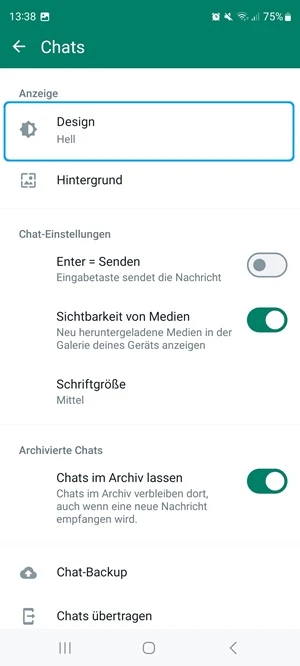 Screenshot von WhatsApp-Chat-Einstellungen auf Android mit blauer Markierung bei „Design“