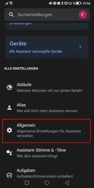 Button „Allgemein“ in den Einstellungen von Google Assistant