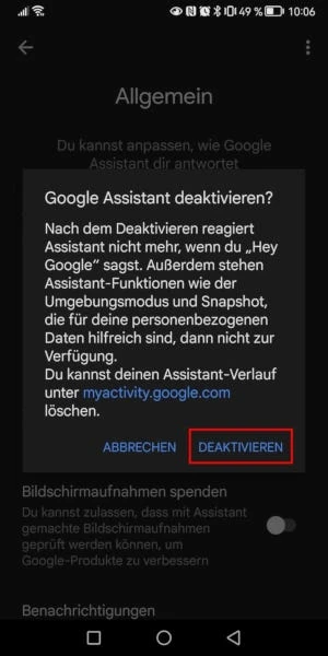 Dialog „Google Assistant deaktivieren“