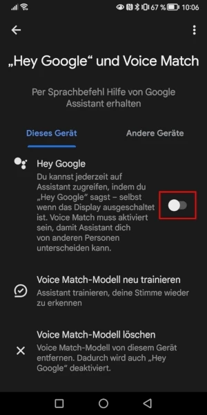 „Hey Google & Voice Match“-Menü