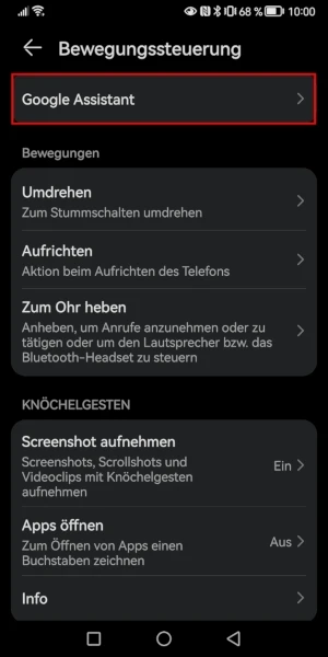 „Google Assistant“-Eintrag im Bewegungssteuerungsmenü
