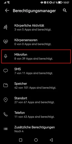 „Mikrofon“ im Berechtigungsmanager-Menü