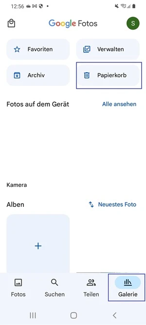 Galerie und Papierkorb mit blauem Rahmen markiert in der Foto-App