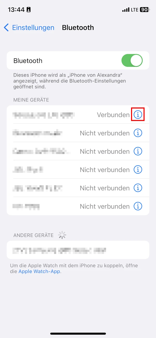 Ansicht des Bereichs „Bluetooth“ am iPhone