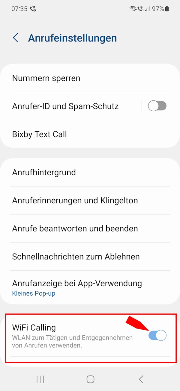 Screenshot der Anrufeinstellungen bei Samsung