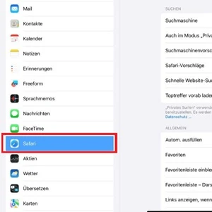Screenshot der Einstellungen von „Safari“