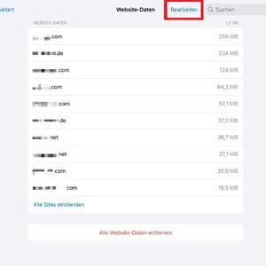 Screenshot der „Website-Daten“ in den Einstellungen von „Safari“
