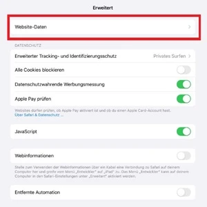 Screenshot der Einstellungen von „Safari“ mit Markierung von „Website-Daten“