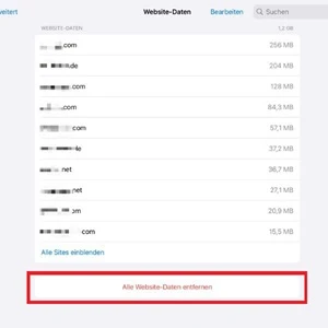 Screenshot der „Website-Daten“ in den Einstellungen von „Safari“ mit Markierung von „Alle Website-Daten entfernen“