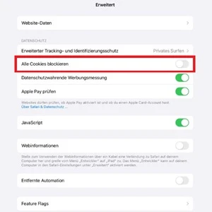Screenshot der Einstellungen von „Safari“ mit Markierung von „Alle Cookies blockieren“