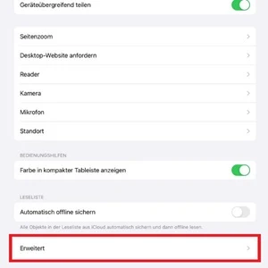 Screenshot der Einstellungen von „Safari“ mit Markierung von „Erweitert“