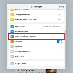 Screenshot der Einstellungen der Google-Chrome-App mit Markierung von „Datenschutz und Sicherheit“