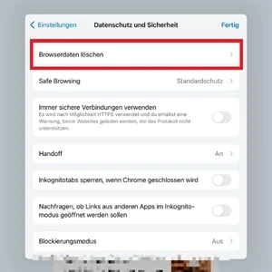 Screenshot von „Datenschutz und Sicherheit“ in der Google-Chrome-App mit Markierung von „Browserdaten löschen“