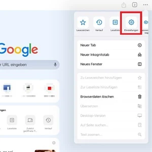 Screenshot der Google-Chrome-App mit Markierung von „Einstellungen“
