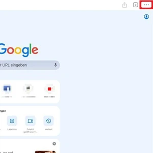 Screenshot der Google-Chrome-App mit Markierung von drei Punkten