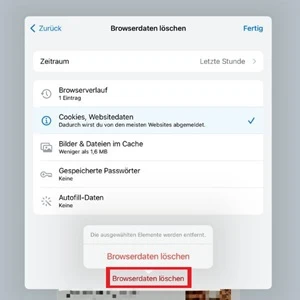 Screenshot von „Browserdaten löschen“ in der Google-Chrome-App mit Markierung von „Browserdaten löschen“