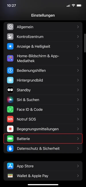 Screenshot von Einstellungen mit Markierung von „Batterie“