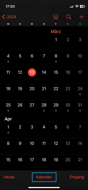 Screenshot von iPhone-Kalender mit blauer Markierung bei „Kalender“