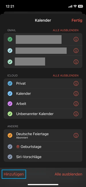 Screenshot von iPhone-Kalender mit blauer Markierung bei „Hinzufügen“