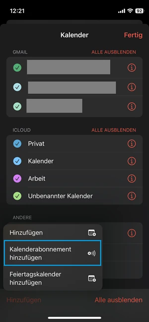 Screenshot von iPhone-Kalender mit blauer Markierung bei „Kalenderabonnement hinzufügen“