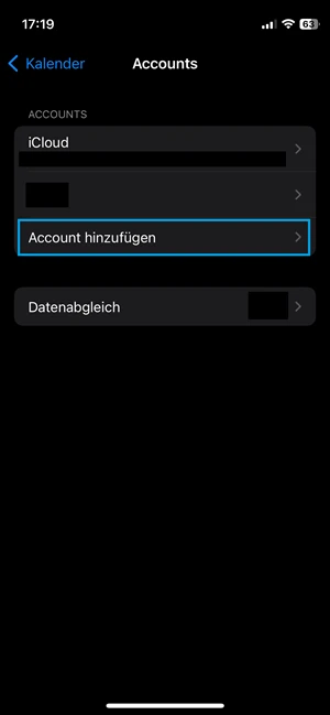 Screenshot von Kalender-Einstellungen im iPhone mit blauer Markierung bei „Account hinzufügen“