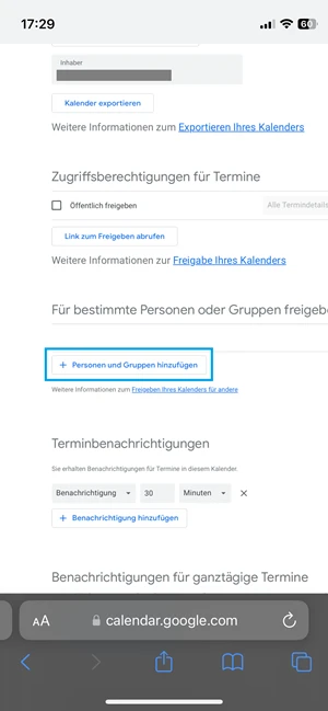 Screenshot von Google-Kalender mit blauer Markierung der Auswahl „+ Personen und Gruppen hinzufügen“