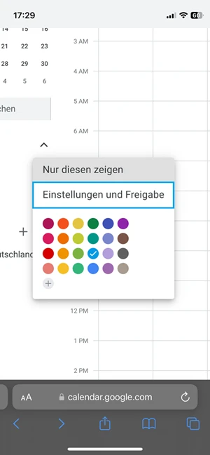 Screenshot von Google-Kalender mit blauer Markierung der Auswahl „Einstellungen und Freigabe“