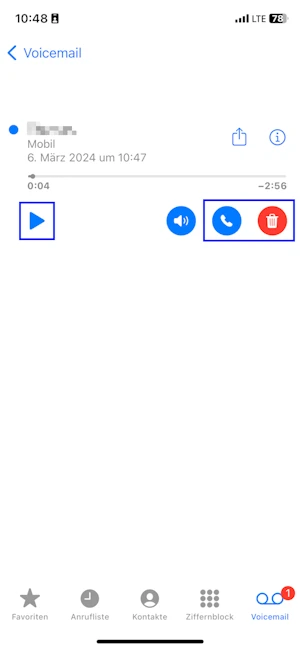 Screenshot vom Abspielen einer Voicemail mit dem iPhone