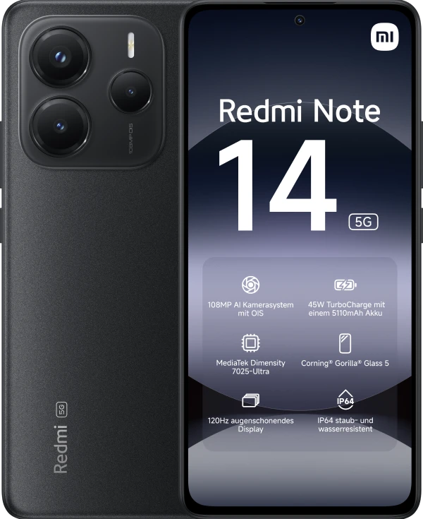 Vorder- und Hinteransicht des Xiaomi Redmi Note 14 in Schwarz