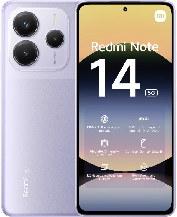 Vorder- und Hinteransicht des Xiaomi Redmi Note 14 in Lila