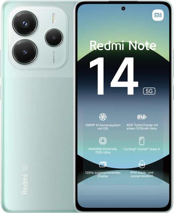 Vorder- und Hinteransicht des Xiaomi Redmi Note 14 in Grün