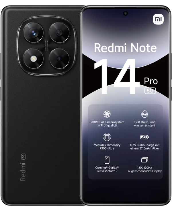 Vorder- und Hinteransicht des Xiaomi Redmi Note 14 Pro in Schwarz