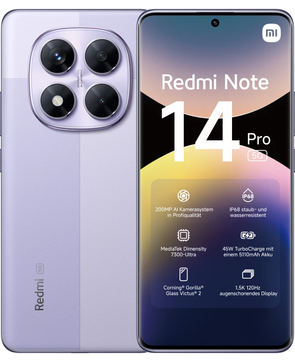 Vorder- und Hinteransicht des Xiaomi Redmi Note 14 Pro in Lila