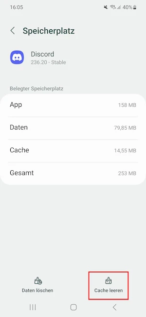 Speicherplatz-Einstellungen für die App Discord