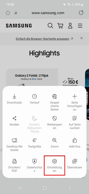 Menü im Samsung Internet Browser