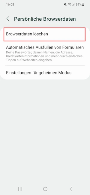 Einstellungen zu persönlichen Browserdaten bei Samsung