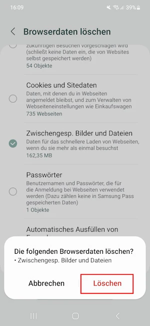 Browserdaten löschen bei Samsung Internet